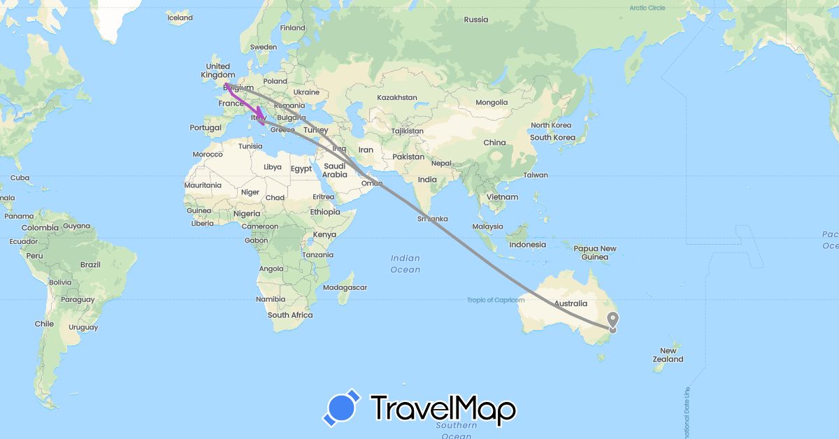 TravelMap itinerary: driving, plane, train in United Arab Emirates, Australia, France, United Kingdom, Italy (Asia, Europe, Oceania)